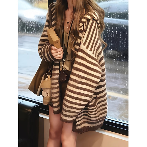 咖色中長款條紋長袖連帽開衫外套女2026早春季韓系漂亮慵懶風上衣 咖色中長款條紋長袖連帽開衫外套女2026早春季韓系漂亮慵懶風上衣