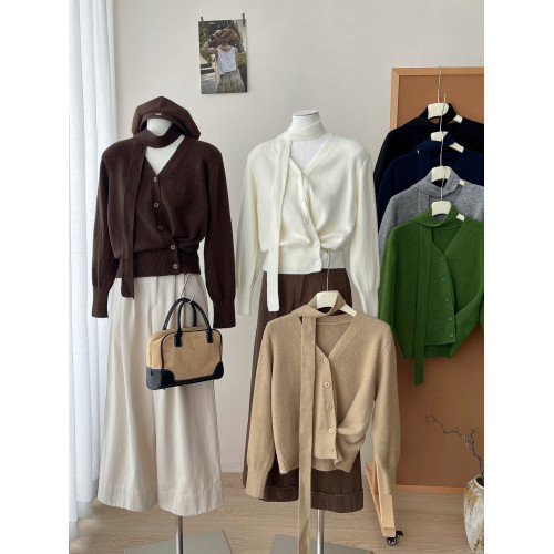 老錢風飄帶收腰側邊系釦軟糯毛衣外套女秋冬復古百搭洋氣針織開衫