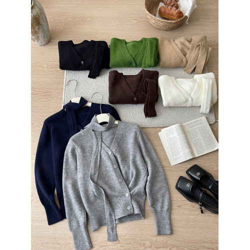 老錢風飄帶收腰側邊系釦軟糯毛衣外套女秋冬復古百搭洋氣針織開衫