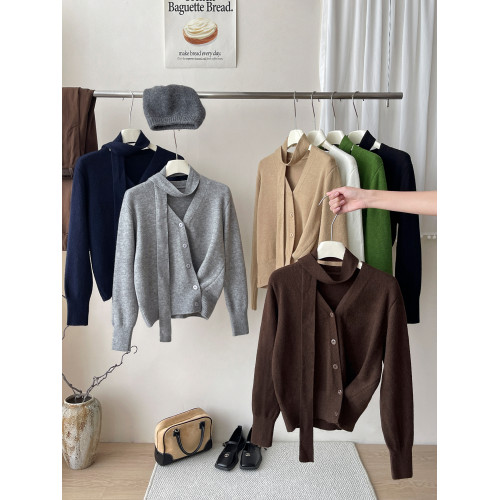 老錢風飄帶收腰側邊系釦軟糯毛衣外套女秋冬復古百搭洋氣針織開衫