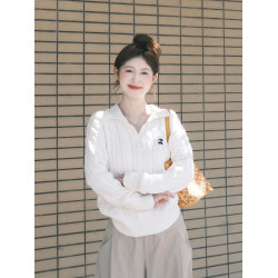 韓系翻領刺綉麻花長袖白色毛衣女秋冬季新款高級感休閒針織衫上衣