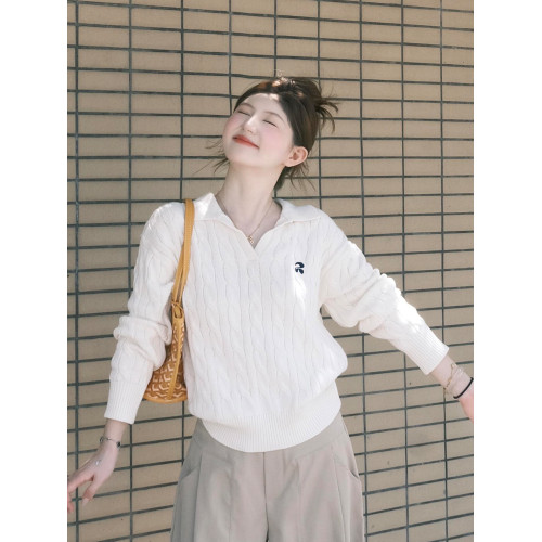 韓系翻領刺綉麻花長袖白色毛衣女秋冬季新款高級感休閒針織衫上衣