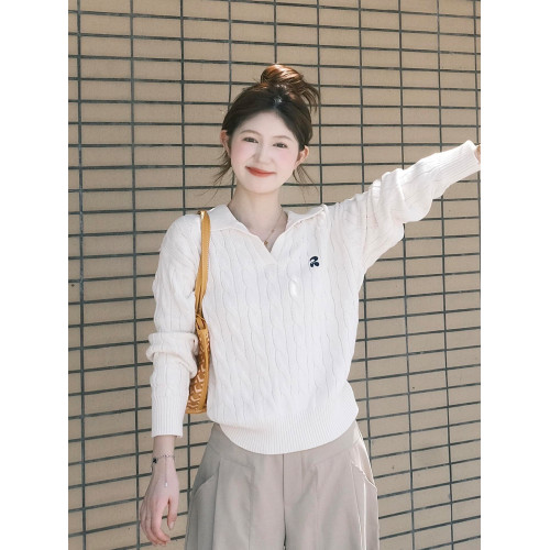 韓系翻領刺綉麻花長袖白色毛衣女秋冬季新款高級感休閒針織衫上衣