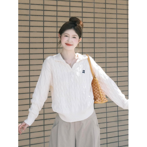 韓系翻領刺綉麻花長袖白色毛衣女秋冬季新款高級感休閒針織衫上衣
