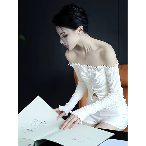 趙露思同款早秋純欲甜辣妹修身一字露肩鎖骨上衣針織打底衫女內搭 趙露思同款早秋純欲甜辣妹修身一字露肩鎖骨上衣針織打底衫女內搭