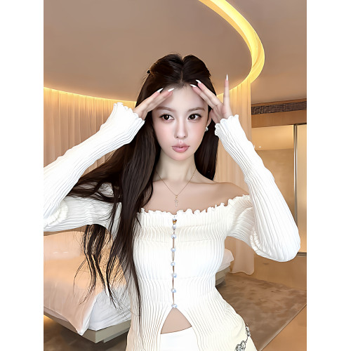 趙露思同款早秋純欲甜辣妹修身一字露肩鎖骨上衣針織打底衫女內搭 趙露思同款早秋純欲甜辣妹修身一字露肩鎖骨上衣針織打底衫女內搭