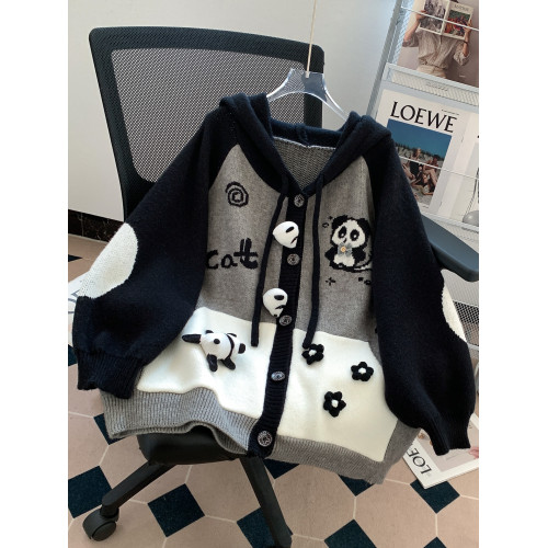 可愛熊貓連帽毛衣衛衣開衫外套女秋冬2025新款寬松慵懶風高級感 可愛熊貓連帽毛衣衛衣開衫外套女秋冬2025新款寬松慵懶風高級感