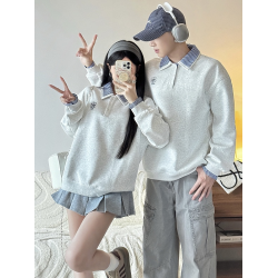 美式刺綉假兩件polo領衛衣女2025春秋新款情侶學院風寬松休閒上衣