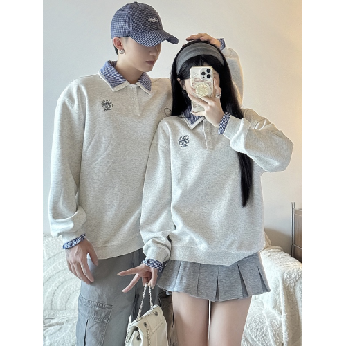 美式刺綉假兩件polo領衛衣女2025春秋新款情侶學院風寬松休閒上衣 美式刺綉假兩件polo領衛衣女2025春秋新款情侶學院風寬松休閒上衣