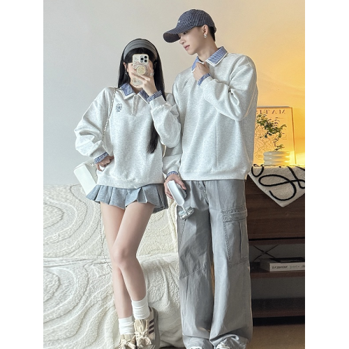 美式刺綉假兩件polo領衛衣女2025春秋新款情侶學院風寬松休閒上衣 美式刺綉假兩件polo領衛衣女2025春秋新款情侶學院風寬松休閒上衣