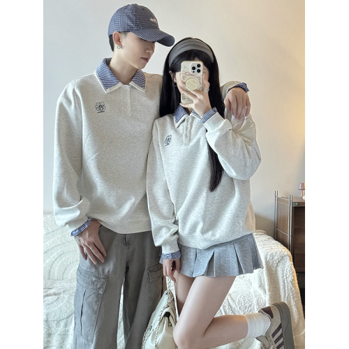 美式刺綉假兩件polo領衛衣女2025春秋新款情侶學院風寬松休閒上衣 美式刺綉假兩件polo領衛衣女2025春秋新款情侶學院風寬松休閒上衣