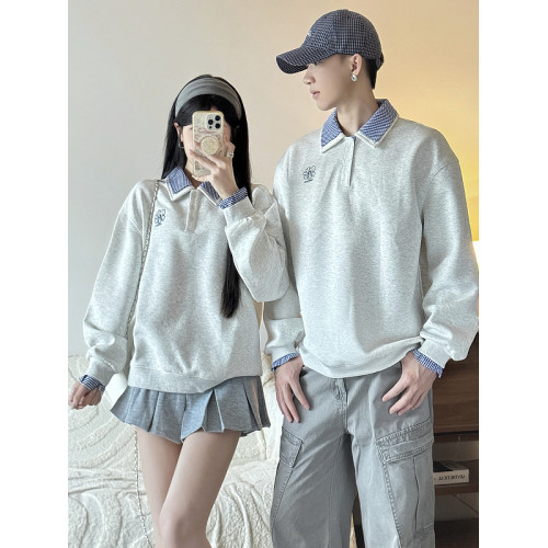 美式刺綉假兩件polo領衛衣女2025春秋新款情侶學院風寬松休閒上衣 美式刺綉假兩件polo領衛衣女2025春秋新款情侶學院風寬松休閒上衣