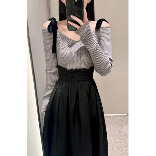 小泡芙日系秋季新品女裝甜美一字肩綁帶長袖修身顯瘦針織衫上衣女 小泡芙日系秋季新品女裝甜美一字肩綁帶長袖修身顯瘦針織衫上衣女