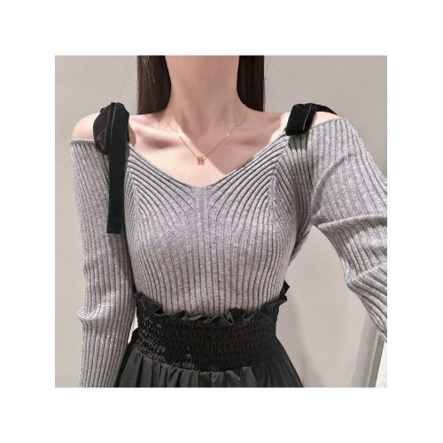 小泡芙日系秋季新品女裝甜美一字肩綁帶長袖修身顯瘦針織衫上衣女 小泡芙日系秋季新品女裝甜美一字肩綁帶長袖修身顯瘦針織衫上衣女