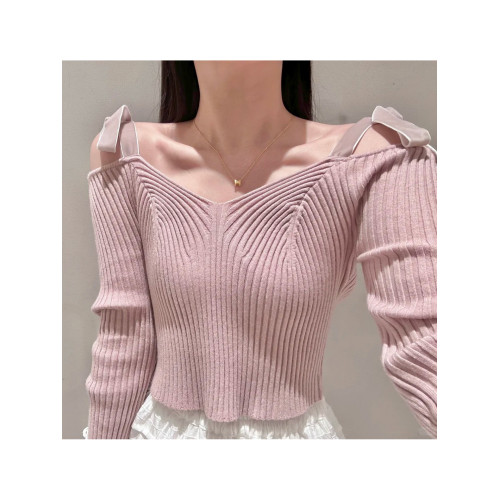 小泡芙日系秋季新品女裝甜美一字肩綁帶長袖修身顯瘦針織衫上衣女 小泡芙日系秋季新品女裝甜美一字肩綁帶長袖修身顯瘦針織衫上衣女