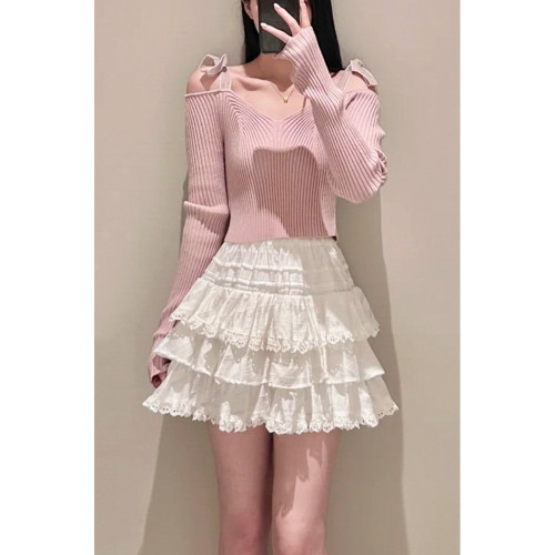 小泡芙日系秋季新品女裝甜美一字肩綁帶長袖修身顯瘦針織衫上衣女 小泡芙日系秋季新品女裝甜美一字肩綁帶長袖修身顯瘦針織衫上衣女