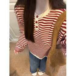 慵嬾感紅色條紋撞色針織上衣秋季穿搭寬鬆毛衣女秋冬2025新款爆款