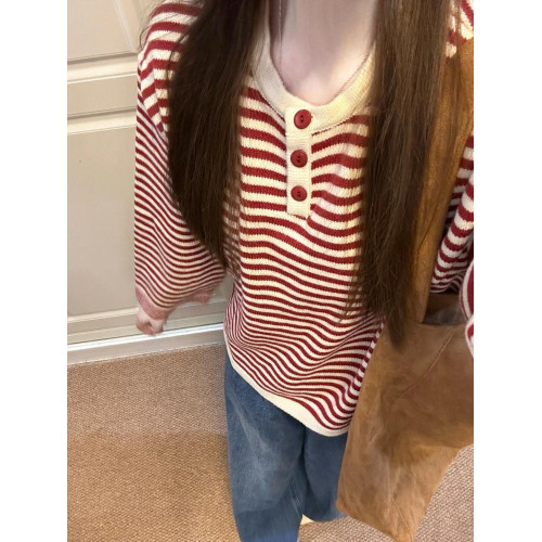 慵嬾感紅色條紋撞色針織上衣秋季穿搭寬鬆毛衣女秋冬2025新款爆款