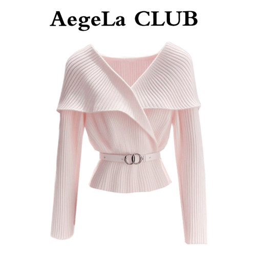 慵懶風春秋設計感粉色短款毛衣女2025新款翻領收腰長袖針織衫上衣