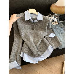 Jade Closet店推薦~美德拉甜美風翻領拼接長袖針織毛衣女秋冬