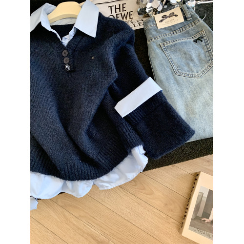 Jade Closet店推薦~美德拉甜美風翻領拼接長袖針織毛衣女秋冬