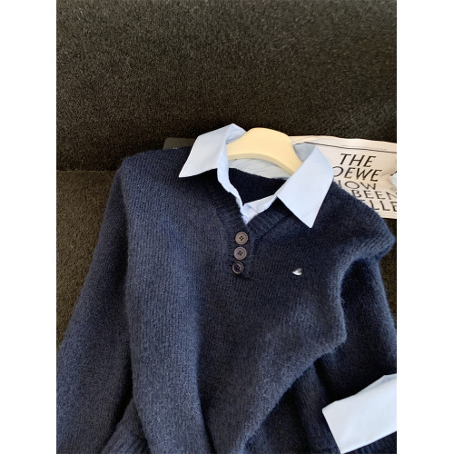 Jade Closet店推薦~美德拉甜美風翻領拼接長袖針織毛衣女秋冬