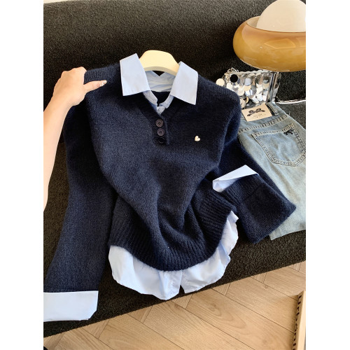 Jade Closet店推薦~美德拉甜美風翻領拼接長袖針織毛衣女秋冬