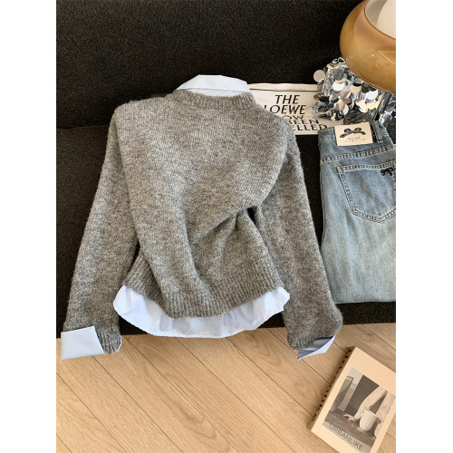 Jade Closet店推薦~美德拉甜美風翻領拼接長袖針織毛衣女秋冬