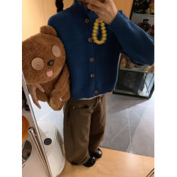 藍色立領開衫女針織衫上衣早秋新款韓系穿搭短款軟糯寬松毛衣外套