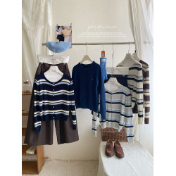 復古撞色條紋單排釦針織開衫女秋韓系圓領顯瘦氣質薄款小外套上衣