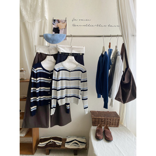 復古撞色條紋單排釦針織開衫女秋韓系圓領顯瘦氣質薄款小外套上衣