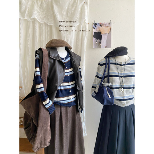 復古撞色條紋單排釦針織開衫女秋韓系圓領顯瘦氣質薄款小外套上衣