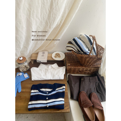 復古撞色條紋單排釦針織開衫女秋韓系圓領顯瘦氣質薄款小外套上衣