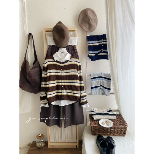 復古撞色條紋單排釦針織開衫女秋韓系圓領顯瘦氣質薄款小外套上衣