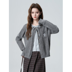 深灰色蝴蝶結針織開衫女春秋2026秋季新款假兩件毛衣外套短款上衣