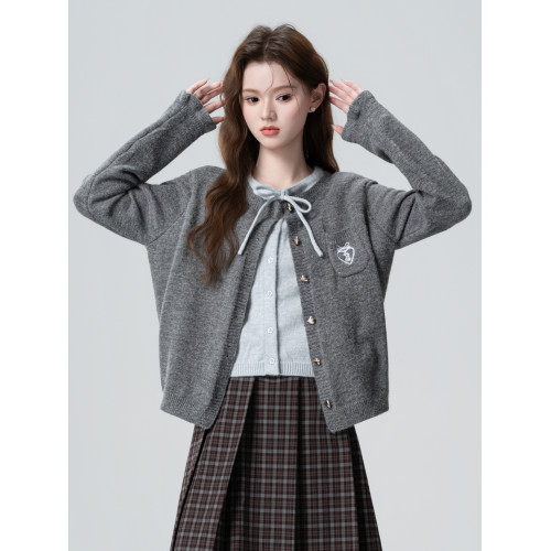 深灰色蝴蝶結針織開衫女春秋2026秋季新款假兩件毛衣外套短款上衣