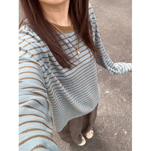 慵懶風針織衫女2025新款寬松韓系早秋季穿搭條紋單穿長袖t恤上衣