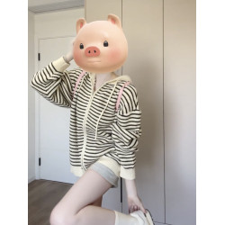 miu系軟糯撞色條紋連帽針織開衫女秋季松弛感寬松慵懶風毛衣外套