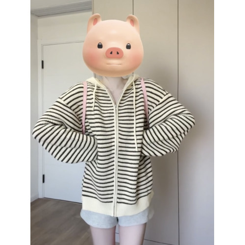 miu系軟糯撞色條紋連帽針織開衫女秋季松弛感寬松慵懶風毛衣外套