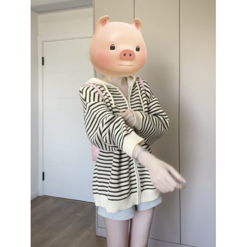 miu系軟糯撞色條紋連帽針織開衫女秋季松弛感寬松慵懶風毛衣外套