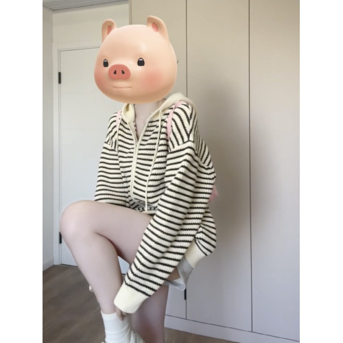 miu系軟糯撞色條紋連帽針織開衫女秋季松弛感寬松慵懶風毛衣外套