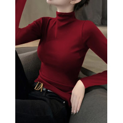 2025新款早秋黑色半高領長袖設計感修身打底衫針織內搭薄款上衣女