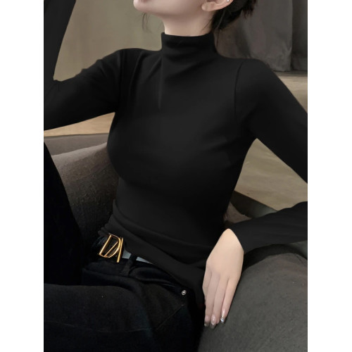 2025新款早秋黑色半高領長袖設計感修身打底衫針織內搭薄款上衣女