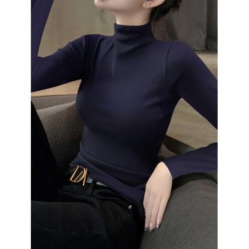 2025新款早秋黑色半高領長袖設計感修身打底衫針織內搭薄款上衣女