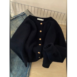 韓系復古黑色小金釦毛衣開衫外套秋冬慵懶高級感浣熊絨外穿針織衫