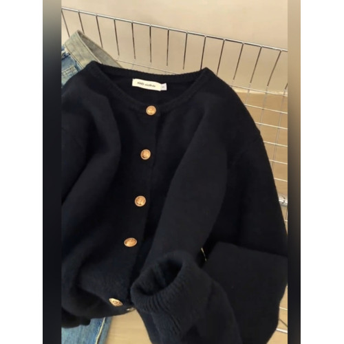 韓系復古黑色小金釦毛衣開衫外套秋冬慵懶高級感浣熊絨外穿針織衫