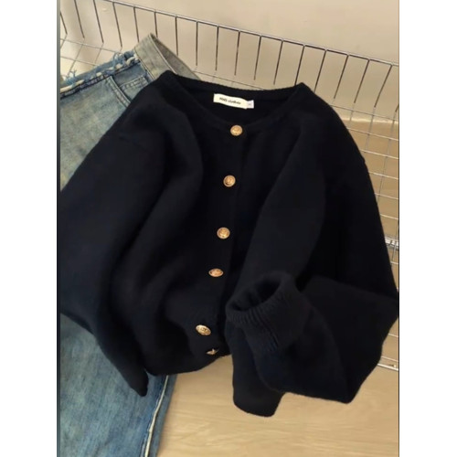 韓系復古黑色小金釦毛衣開衫外套秋冬慵懶高級感浣熊絨外穿針織衫