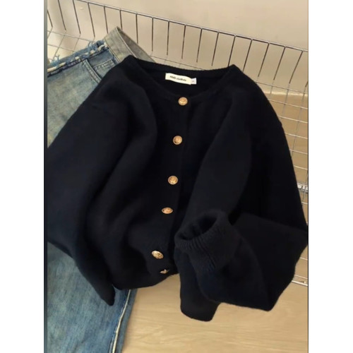 韓系復古黑色小金釦毛衣開衫外套秋冬慵懶高級感浣熊絨外穿針織衫