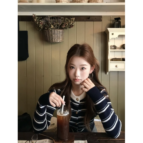 韓系撞色條紋開衫毛衣外套女秋冬小香風短款慵嬾溫柔風針織衫上衣