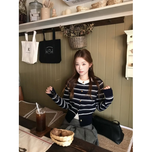 韓系撞色條紋開衫毛衣外套女秋冬小香風短款慵嬾溫柔風針織衫上衣